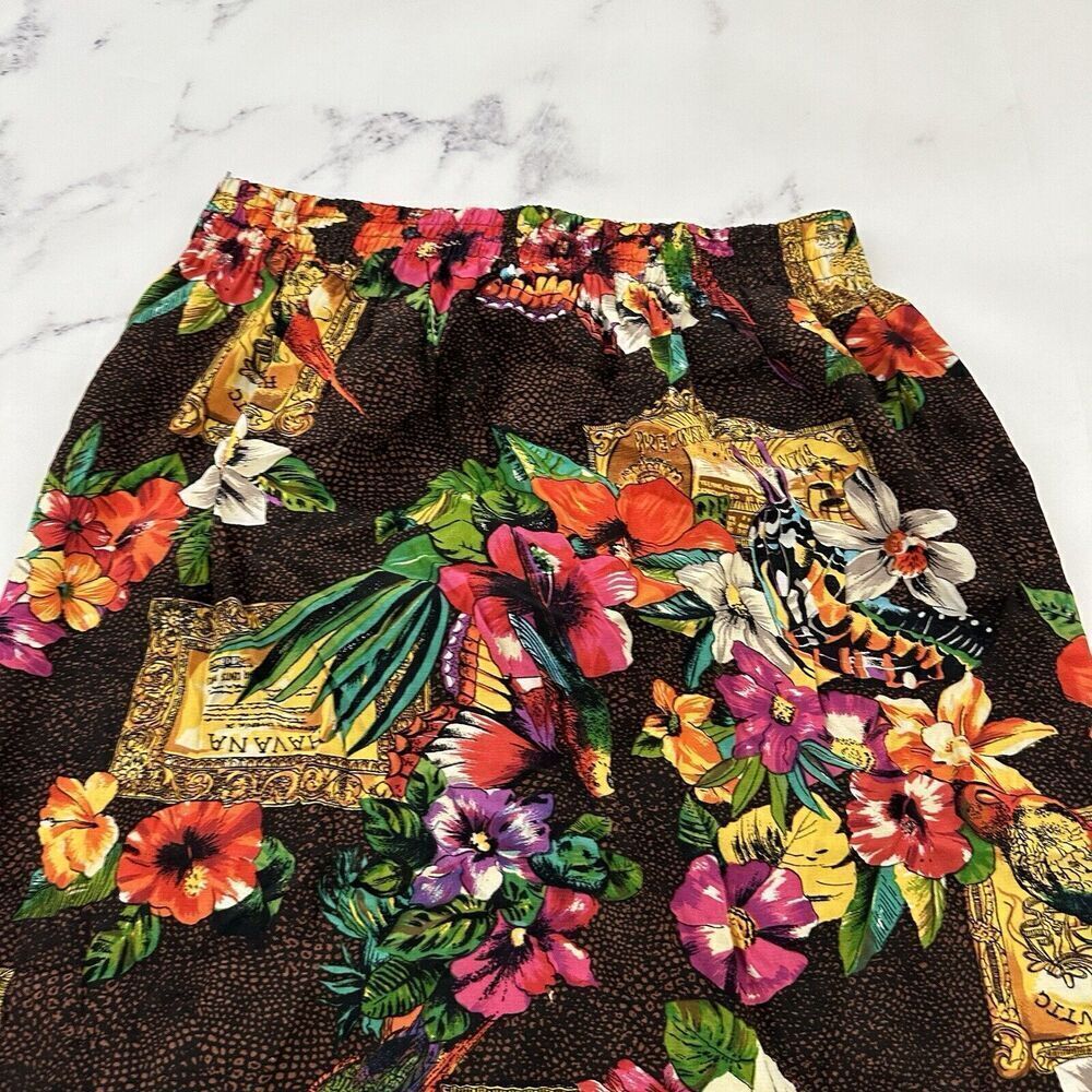 Womens Vintage Wrap Midi Skirt Size M Orange Pink Tropical Floral Parrots Tiki - Picture 7 of 8